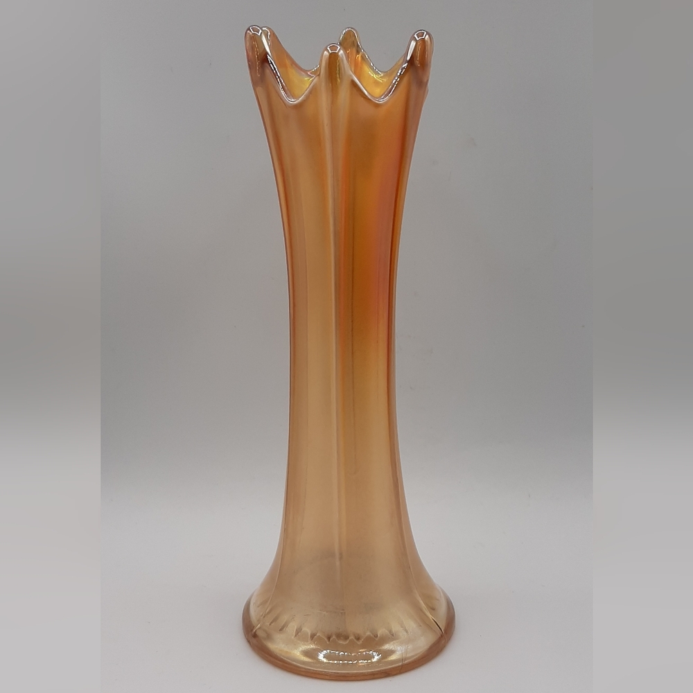 Vintage Marigold Carnival Swung Glass Vase Tree Trunk Orange 6 Points 7 15/16"